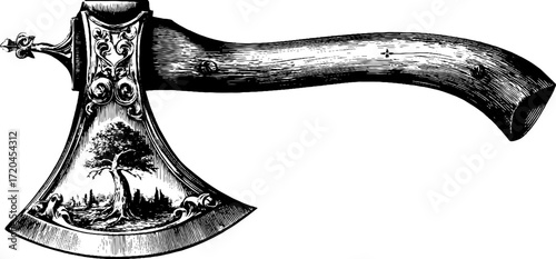 Vintage hand drawn axe with intricate engravings for design and decor