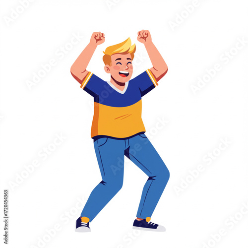 Energetic Young Man Celebrates Triumph with Exuberant Joy, Raising Arms in a Dynamic Pose of Success and Achievement