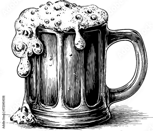 Vintage beer mug with overflowing froth - retro hand drawn design for pubs and breweries