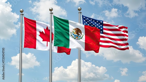 three national flags on flagpoles against a backdrop of a cloudy sky. flag of Canada, flag of Mexico, flag of USA.