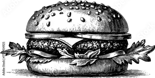 Vintage hand-drawn illustration of burger with bun, patty, cheese, and lettuce for retro design projects