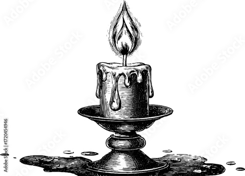 Vintage burning candle with wax drips in holder – perfect for retro print design