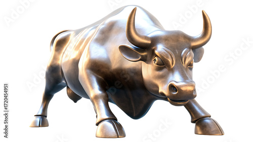 a bronze wall street bull statue isolated on white background, png, ai generated