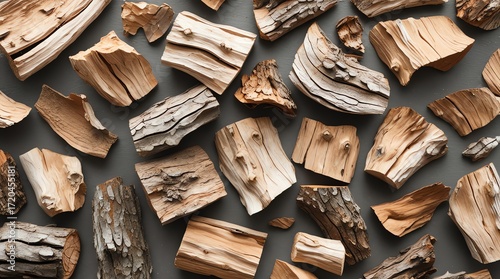 Pile of chopped wood pieces on a dark background