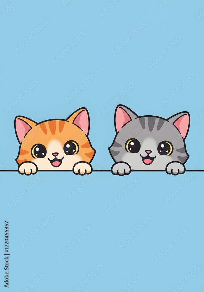 Fototapeta premium Cute Cartoon Cats Peeking Over a Line