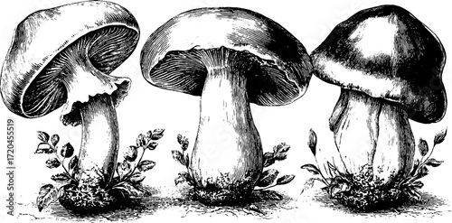 Vintage hand drawn illustration of champignon mushrooms with smooth caps for retro designs