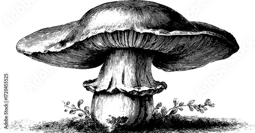 Vintage hand drawn champignon mushroom illustration for retro design