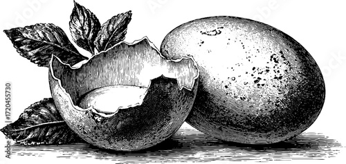 Vintage illustration of whole and broken chicken egg with leaves design for posters or labels