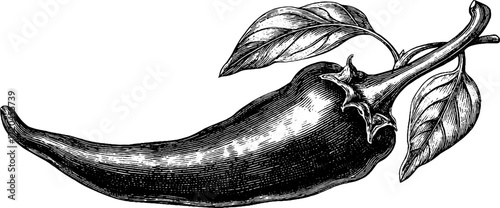 Curved sharp chili pepper illustration for retro design and culinary projects