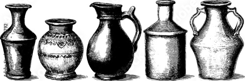 Vintage sketch of clay jugs with narrow necks - hand drawn engravings for retro design and decoration