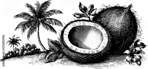 Vintage illustration of split coconut showing interior with palm tree scene