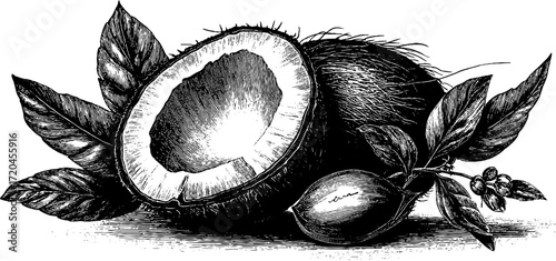 Vintage coconut illustration showing split open interior and leaves for design use