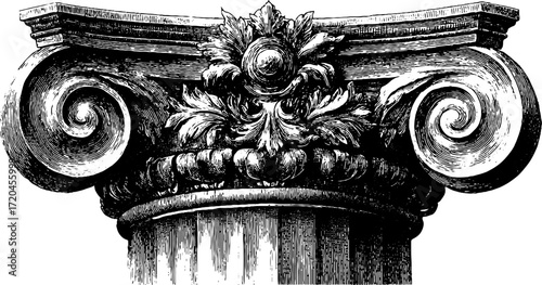 Ornate Corinthian column capital in vintage engraving style, classical architectural design with elegant detail.
