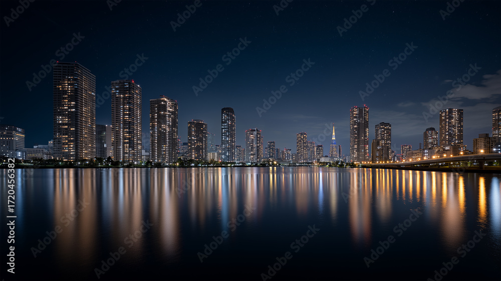 Fototapeta premium 星明かりに浮かぶ湾岸都市の夜景静かな水面反射情景図