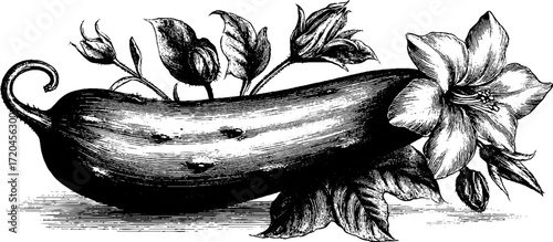 Vintage illustration of long fresh cucumber with blossoms for retro design and art prints