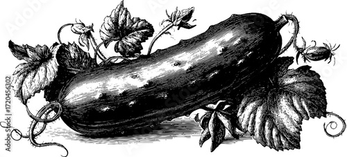 Long and fresh cucumber with leaves in vintage hand drawn style