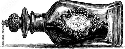 Vintage engraving of decorative decanter with stopper in retro style for design and decor