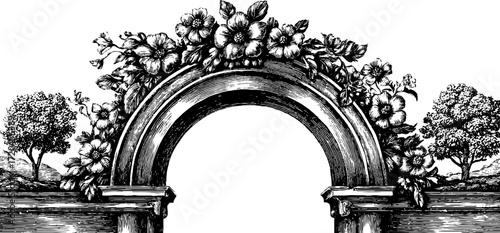 Decorative floral arch design in vintage engraving style, ornate architectural silhouette with classical elegance.
