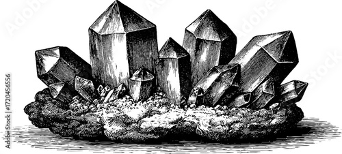 Vintage hand drawn illustration of druse crystal cluster design for print