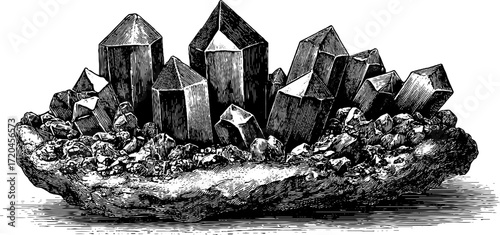 Vintage engraving of druse crystal cluster for nature design and decor