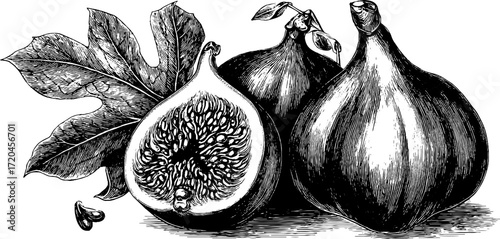 Vintage fig fruit sketch with exposed interior for retro design
