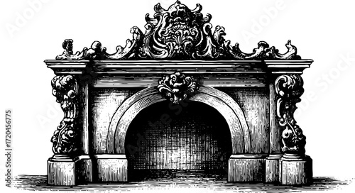 Elegant vintage fireplace with ornate mantle sketch for home decor design