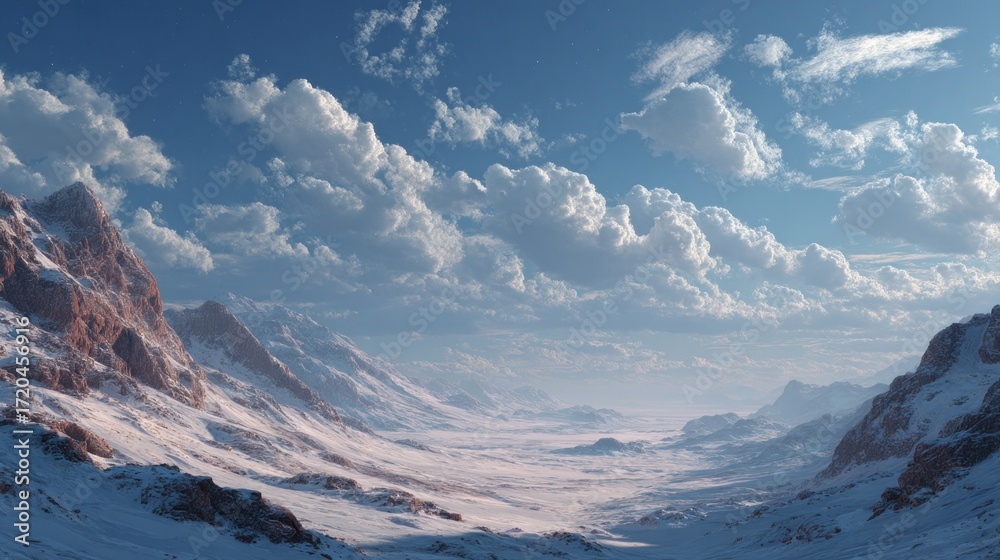 Obraz premium Serene winter panorama of snow-capped mountains under a cloudy blue sky