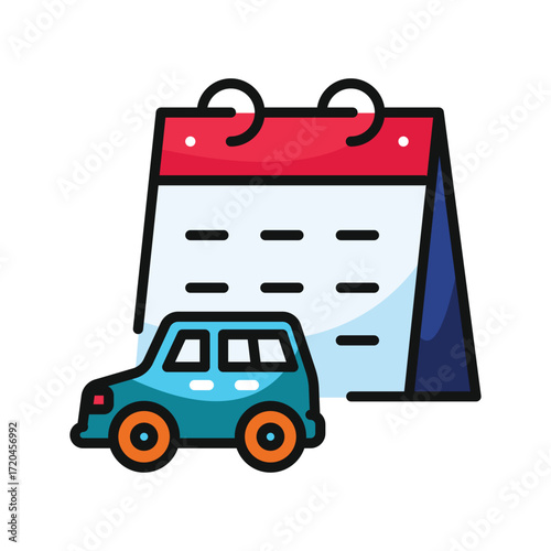 A cartoon car in front of a flip calendar