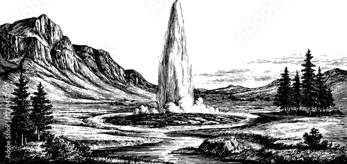 Vintage hand-drawn geyser erupting in scenic mountain landscape for nature design