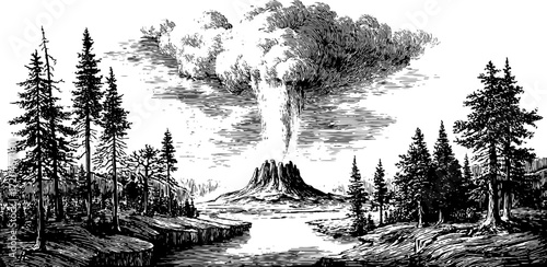 Vintage illustration of a geyser erupting with water jet in scenic forest landscape