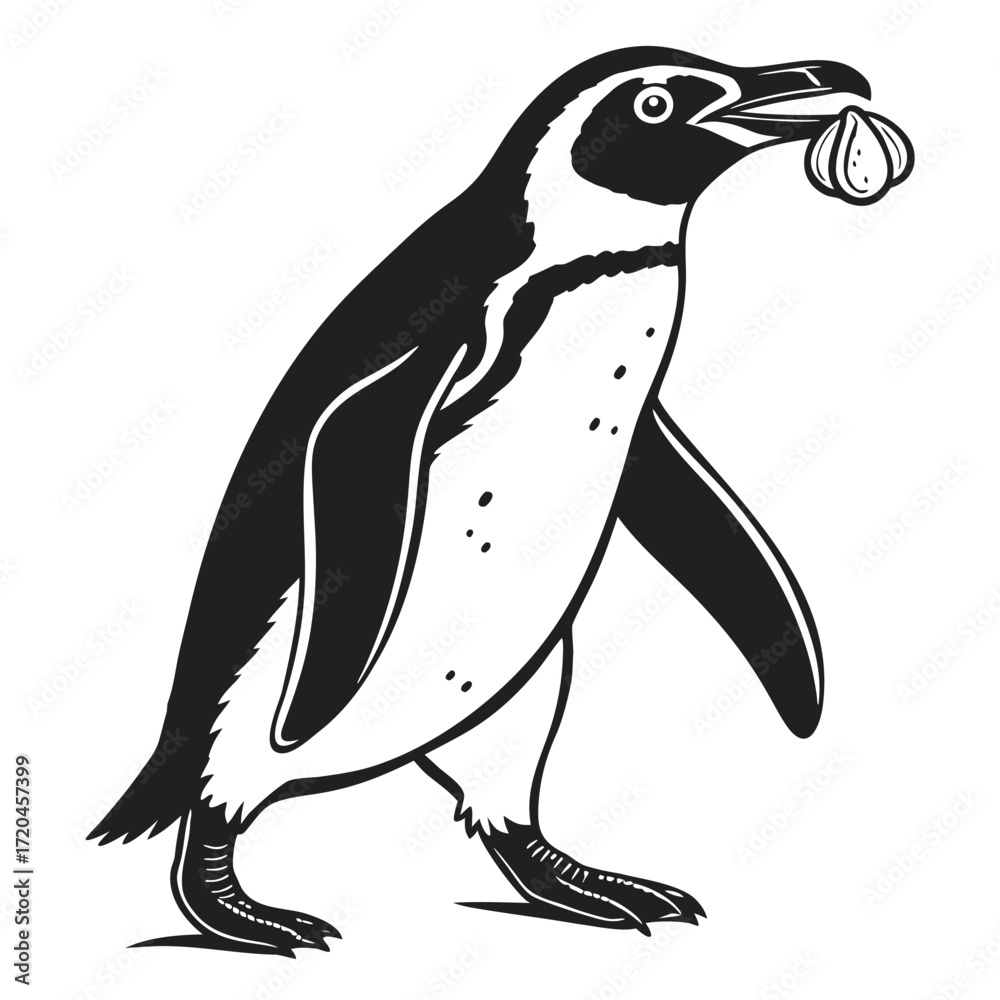 Fototapeta premium Penguin waddling with small pebble silhouette