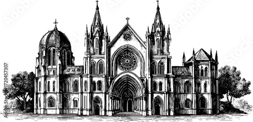 Detailed gothic cathedral illustration with pointed arches for historical design use