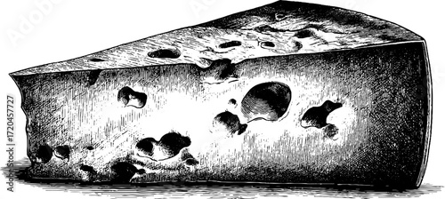 Vintage hand-drawn illustration of hard cheese wedge with textured surface for culinary design