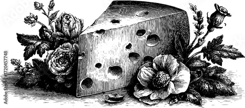 Hard cheese wedge with floral ornament vintage sketch - design for culinary art and packaging