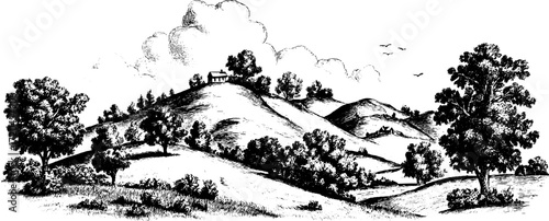 Serene vintage landscape of rolling hills with cottage and trees for retro design