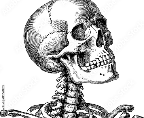 Vintage human skeleton engraving — anatomical study illustration for educational design