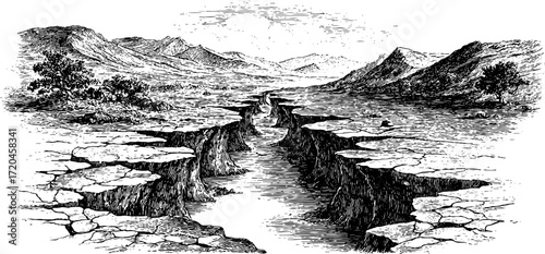 Engraved landscape of a lava river flowing through cracked earth in a mountainous terrain