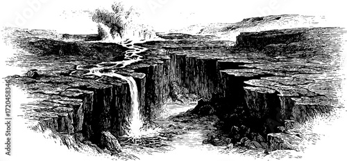 Volcanic landscape with flowing lava river and molten rock in vintage sketch