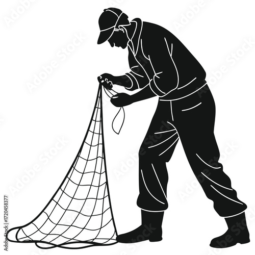 Fisherman mending boat net silhouette