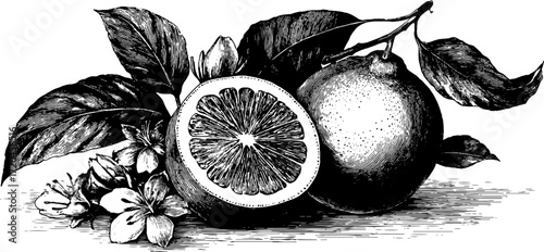 Vintage lemon half and pulp illustration with detailed botanical elements for retro design