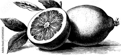 Vintage hand drawn illustration of lemon half with detailed pulp for retro design