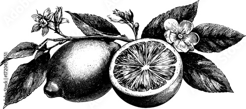 Vintage lemon half with pulp and leaves - hand drawn botanical illustration for design