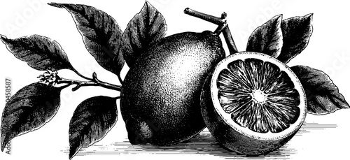 Vintage lemon illustration with cut half showing segments for retro design projects