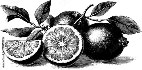 Vintage lime fruit illustration with whole and sliced citrus for retro design