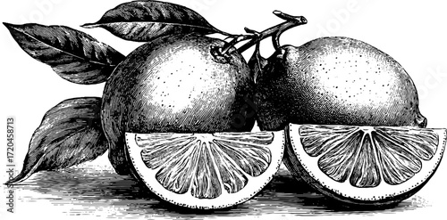 Vintage lime fruit illustration featuring whole and sliced citrus with leaves for retro design
