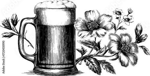 Vintage mead mug with frothy drink and floral design for retro beverage art