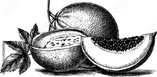 Vintage melon illustration with textured rind for retro design