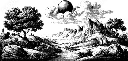 Vintage etched illustration of mercury in a dramatic landscape scene