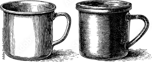 Vintage metal mug illustration with handle in classic style for retro design