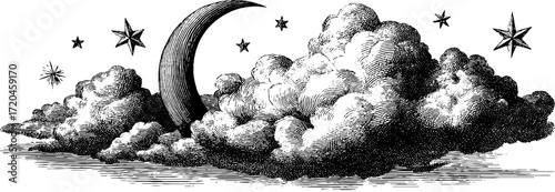 Vintage hand drawn milky way and night sky with stars and moon engraving